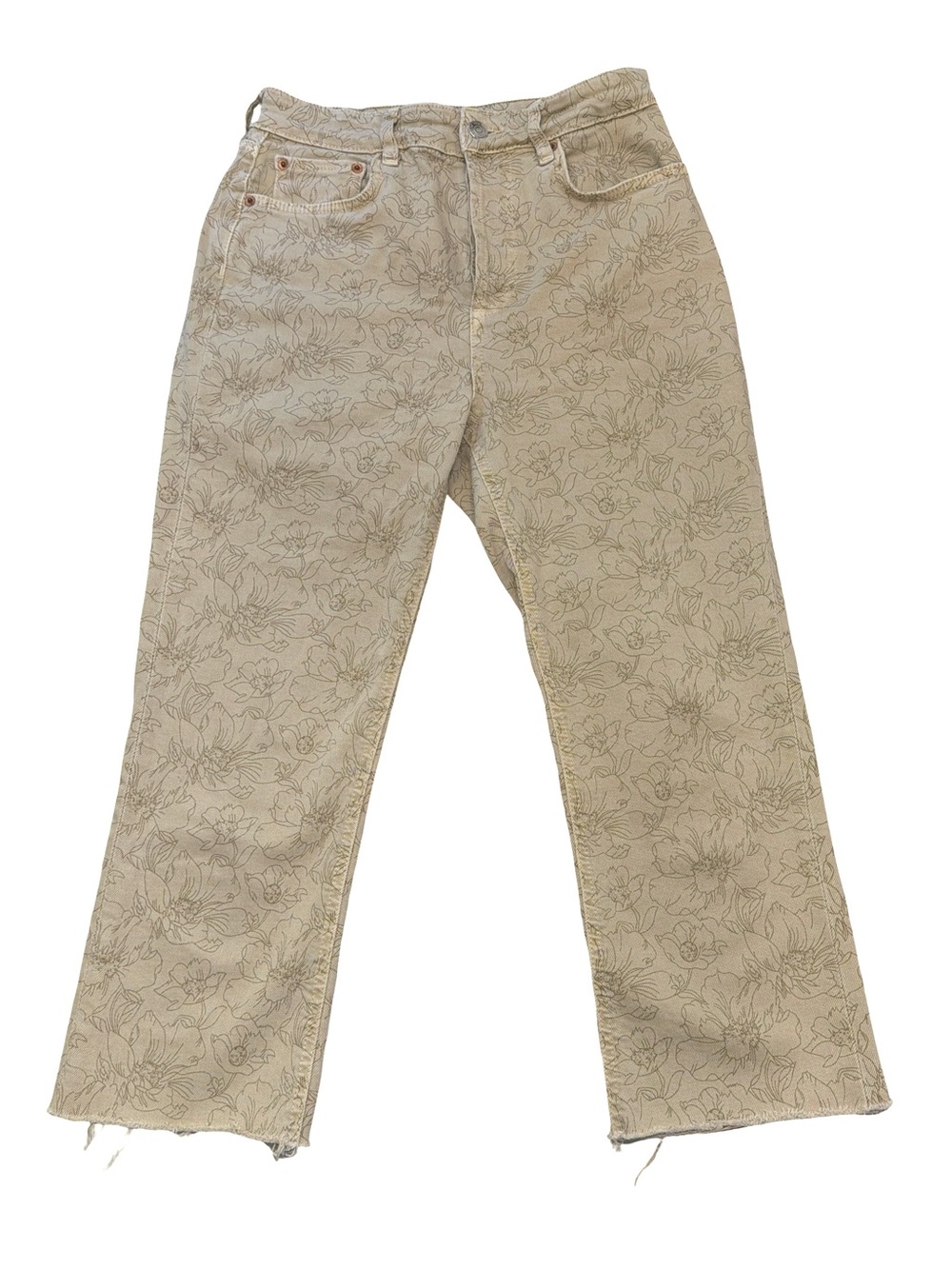 Zara ZW Collection Dreed Tan Beige Floral Print Cropped Flare Jeans size 6